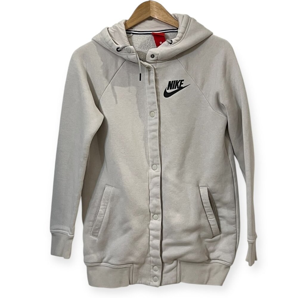 Nike Womens Snap Button Hoodie Jacket Small Beige Swoosh Logo Casual Sweatshirt